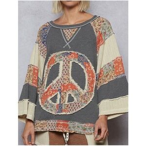 POL Floral Print Peace Patchwork Reverse Stitch Knit Top